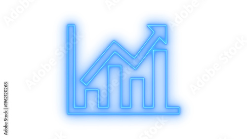 Blue neon glowing bar chart icon with a pronounced upward arrow, signifying robust business growth, financial success, and essential data analytics, isolated on transparent background
