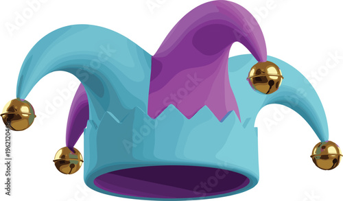 Colorful jester hat with vibrant blue and purple curved points, golden bells, festive costume accessory for carnival, clown, masquerade, theatrical performance, or playful celebration design.