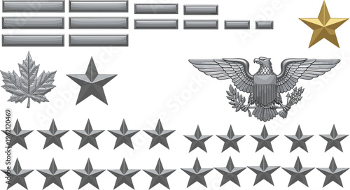 Collection of United States military rank insignias featuring silver bars, stars, maple leaf, eagle emblem, gold star symbols representing officer hierarchy, authority, and armed forces structure.