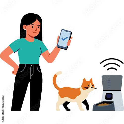 Woman feeds cat using smart feeder and smartphone at home indoors.