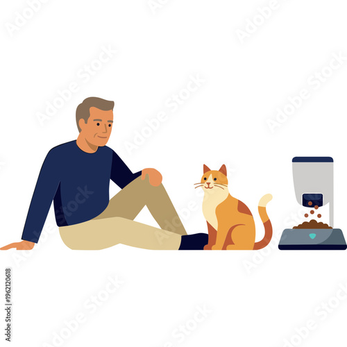 Man sits with cat beside automated pet feeder in home