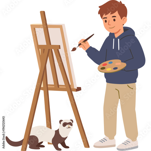 Man painting on canvas with ferret nearby indoors