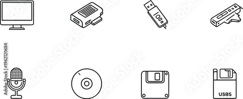 Collection of classic and modern computer hardware peripheral icons depicted as simple black and white vector line graphics for interface design