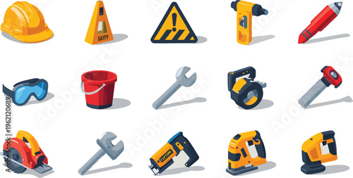 This comprehensive vector illustration presents a modern collection of essential construction and handyman tools, safety equipment, and warning signs, ideal for design projects requiring industrial, b