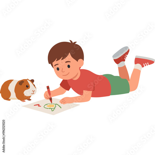 A young boy lying on the floor drawing with a guinea pig