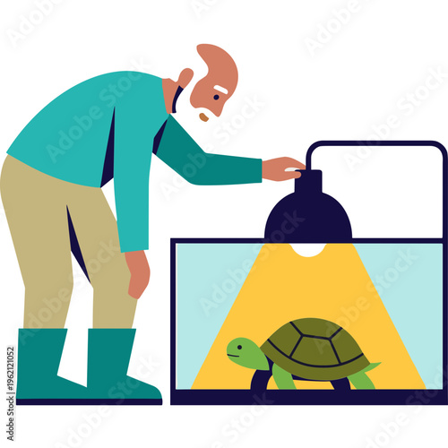 Man examines turtle under lamp in enclosure at zoo or lab