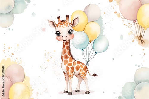 Cute watercolor giraffe character with colorful balloons for nursery wall art
