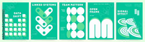 A series of five modern minimalist geometric posters in teal and green featuring abstract shapes grids links circles and bold business typography with strategic messages.