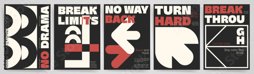 Bold typographic posters set with retro geometric shapes and brutal abstracts in black, red and cream tones.