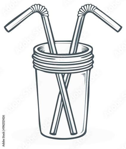 Two straws sticking out of a clear cup, ready for drinking a beverage, simple illustration