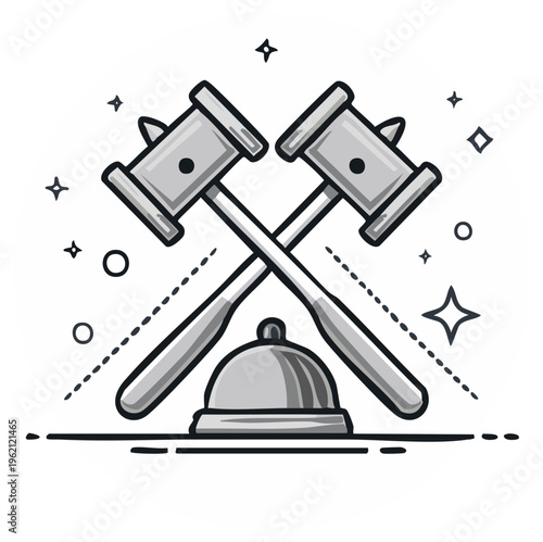 Auction gavel and bell, crossed hammers, legal illustration, law concept, court concept
