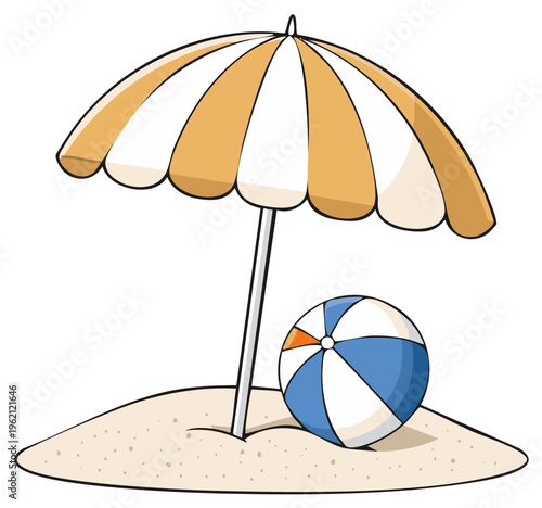 Colorful beach umbrella and striped ball resting on a sandy dune under a bright sky