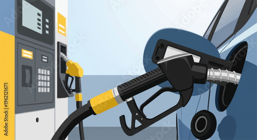 A close-up view of a fuel nozzle dispensing gasoline into a car's fuel tank at a gas station.