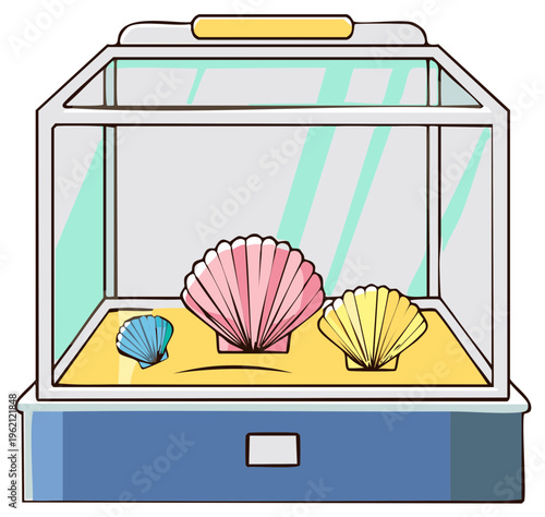 Charming Display Case Showcasing a Collection of Colorful Seashells Standing on Soft Sand