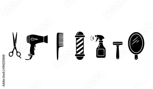 Hair salon icons vector set with barber tools and beauty silhouettes isolated on white background