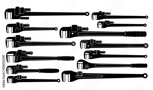 Pipe wrench silhouettes vector set with plumbing tools isolated on white background