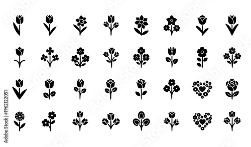 Spring flower and valentines floral icon set vector with romantic blossom silhouettes isolated on white background