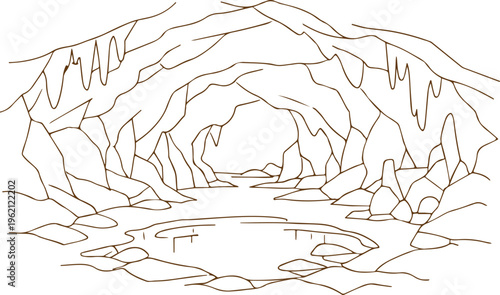 A simple black and white line drawing of a mysterious cavern interior with a small central pond isolated on transparent background, Vector
