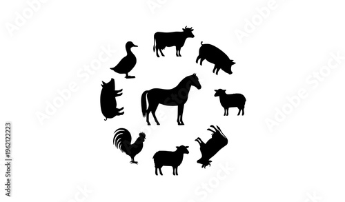 Farm animal silhouette collection vector with livestock in circular layout isolated on white background