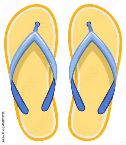 Pair of cartoon style flip flops in yellow and blue suitable for beach days and summer vacations