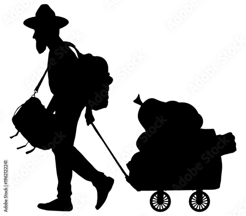 Jewish man walks and drags a large number of things behind him on a cart. Human displacement. A refugee comes from war