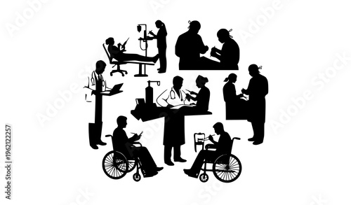 Healthcare activity silhouettes vector illustration with medical scenes and patient care icons isolated on white background