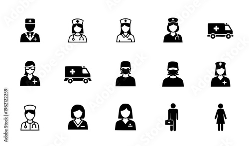 Medical silhouette icon set vector with healthcare worker symbols and hospital staff isolated on white background