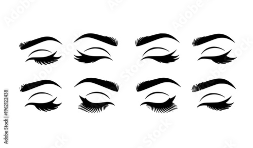 Closed eyes with eyelashes and eyebrows silhouette vector set for beauty and makeup design isolated on white background