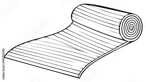Black and white drawing of a rolled out exercise mat for yoga and fitness