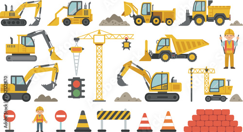 Construction machinery vector icons set, excavator crane dump truck loader heavy equipment workers tools flat illustration industrial collection