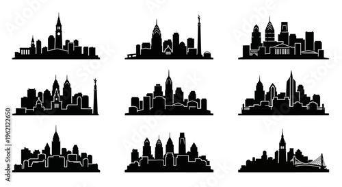 Set of 9 Black City Skylines Silhouettes, Modern and Classic Architecture, Urban Landscapes