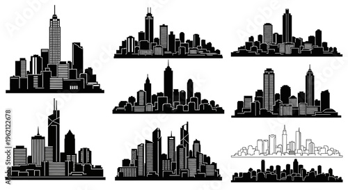 Set of Black and White City Skylines Silhouette Vector Graphics