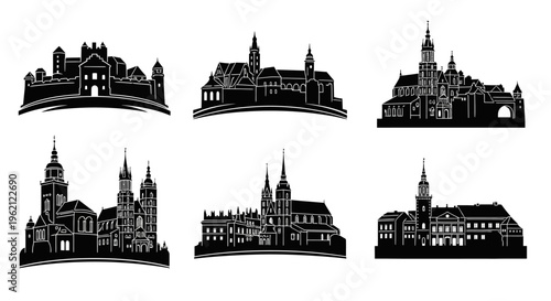 Set of Black and White Cityscape Silhouettes: Historic Buildings and Landmarks