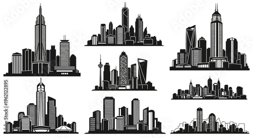 Set of City Skylines Silhouettes, Modern and Classic Architecture, Vector Illustrations