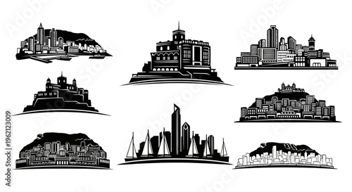 Set of stylized cityscapes and architectural silhouettes on hills