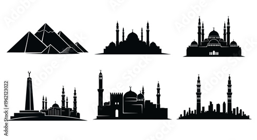 Silhouette Collection: Egyptian Pyramids and Islamic Mosques Architectural Landmarks