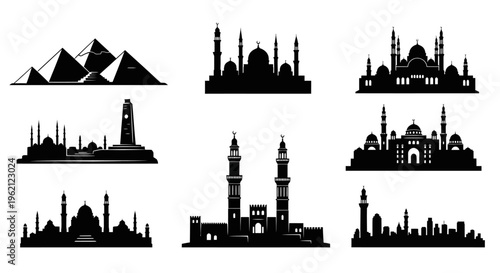 Silhouette Collection: Egyptian Pyramids, Mosques, and City Skylines