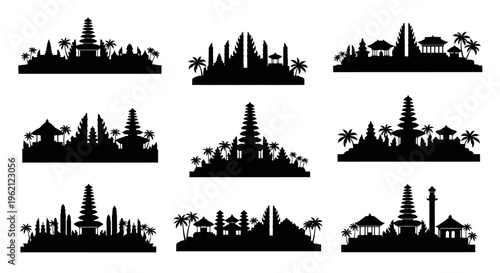 Silhouette Collection of Balinese Temples and Tropical Palm Trees