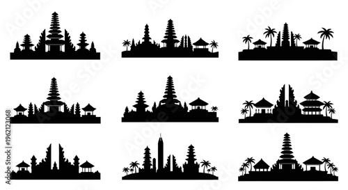 Silhouette Collection of Balinese Temples and Tropical Scenery