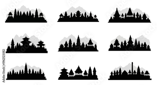 Silhouette of Asian Temples and Pagodas with Mountains Background
