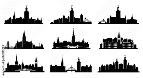 Stockholm Cityscape Silhouettes: Iconic Buildings and Bridges Collection