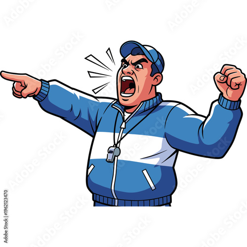 A man wearing a blue and white jacket is pointing and shouting loudly.
