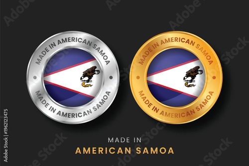 High-quality gold and silver metallic labels with the flag of American Samoa. Vector icons for US territory manufacturing, Pacific product origin, and export quality branding.