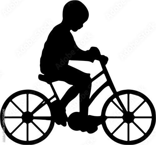 Silhouette of a little boy riding a bicycle isolated on white background