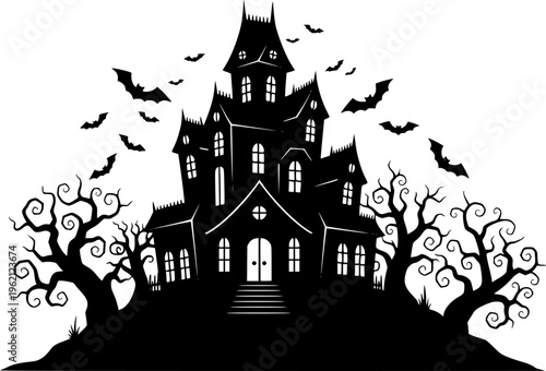 Spooky black and yellow silhouette of a haunted mansion with gnarled trees and bats, minimalist Halloween horror and night mystery vector isolated on white.