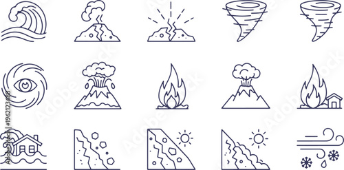 Illustrations of various natural disasters and weather phenomena