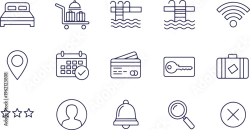 Collection of icons representing travel, accommodation, and amenities services