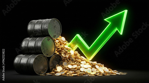 Financial concept of oil price growth: black oil barrels with golden coins and a rising 3D arrow symbolizing market inflation and energy crisis, isolated on a solid black background, minimalist 