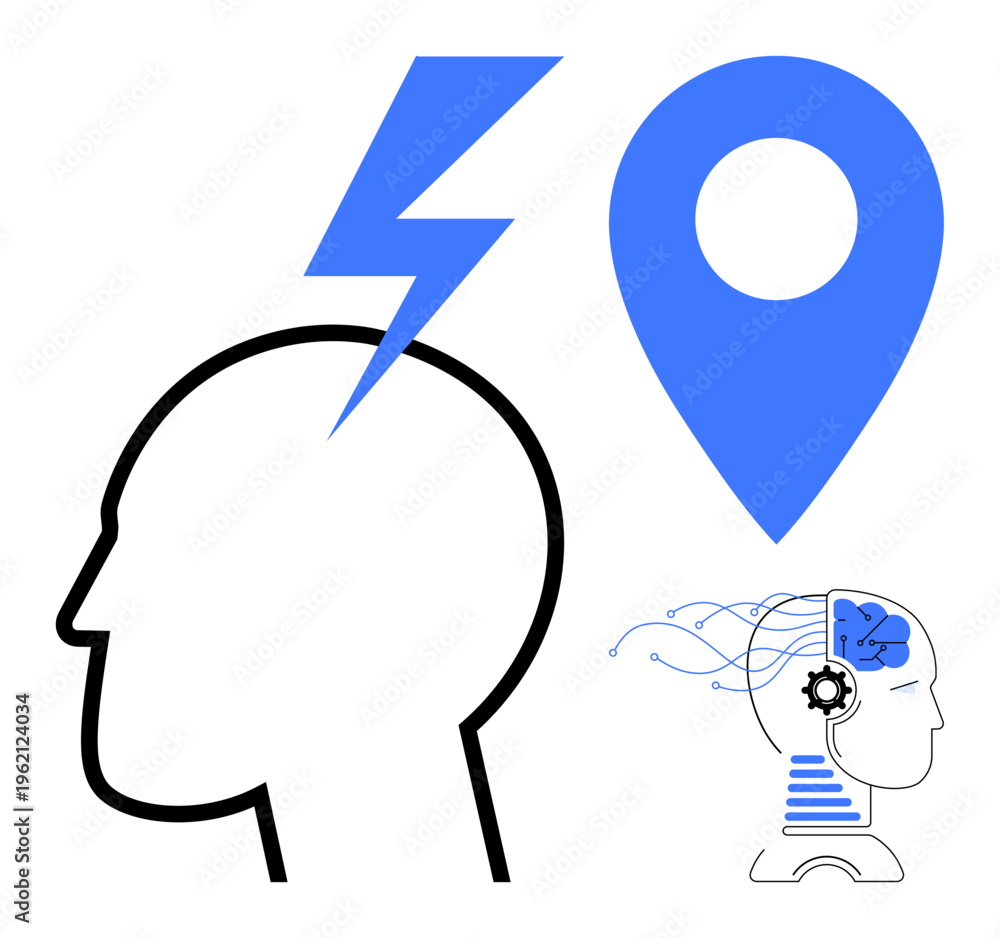 Fototapeta premium Innovation, technology, problem-solving, location intelligence, artificial intelligence, neural activity. A human head outline with a lightning bolt, location pin and AI brain circuitry. Innovation