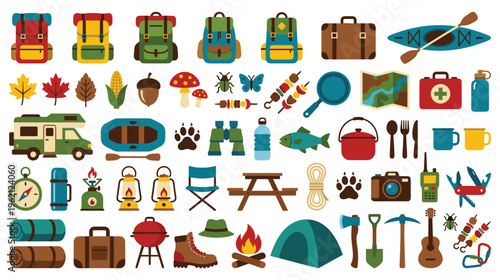 Camping and hiking equipment collection flat icons set on white background.